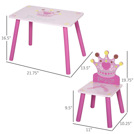 3-Piece Set Kids Wooden Table Chair with Crown Pattern Easy to Clean Gift for Girls Toddlers Age 2-4 Years Old Pink - Gallery Canada