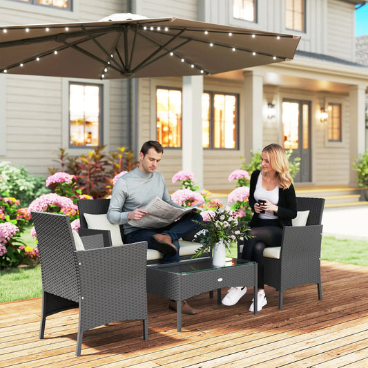 4-Piece Rattan Patio Set, Coffee Table, 22.8" W x 21.7" D x 33.5" H, Black Cream Patio Furniture Sets Black Rattan, Cream Cushions at Gallery Canada