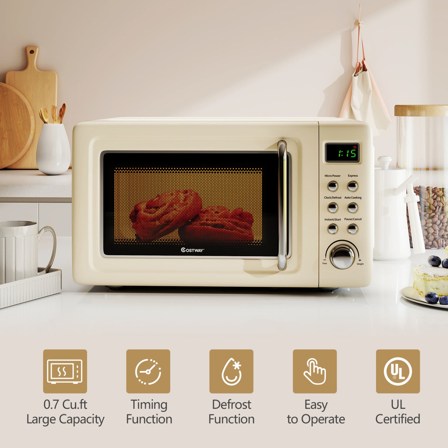 700W Retro Countertop Microwave Oven with 5 Micro Power and Auto Cooking Function, Cream White Toaster Ovens at Gallery Canada