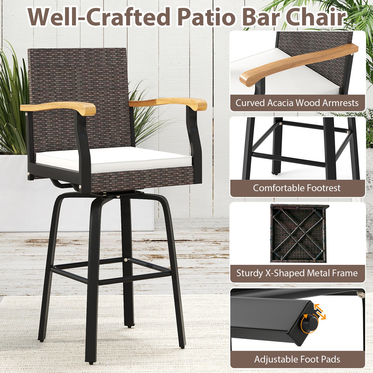 Outdoor 360° Swivel Bar Stool Set, With Cushion and Acacia Wood Armrests, Brown Patio Bar Furniture at Gallery Canada