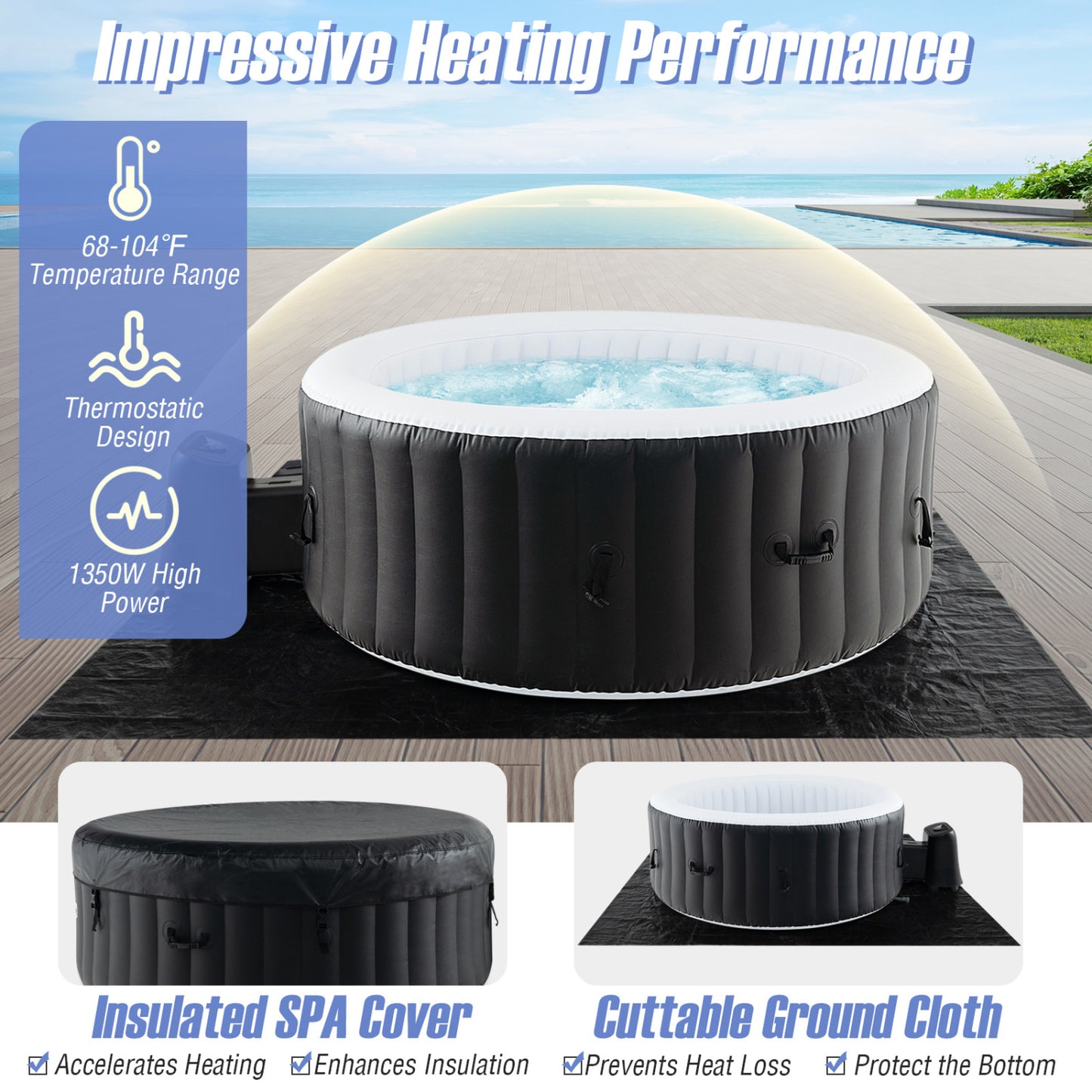 70/80 Inch Round Spa Pool Hot Tub, 110/130 Air Jets, Electric Heater Pump, Black Swimming Pools at Gallery Canada