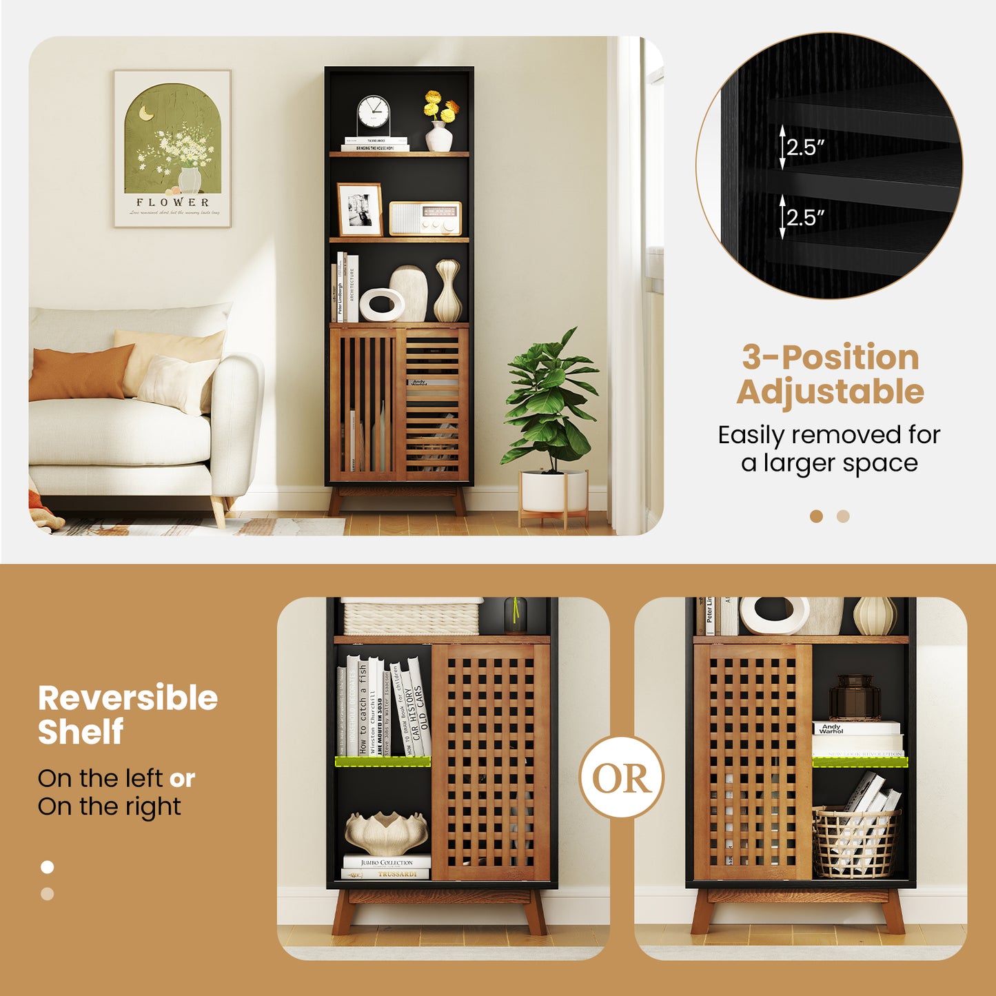 70 Inch 5-Tier Bookshelf, Reversible Adjustable Shelf, Black Bookcases at Gallery Canada
