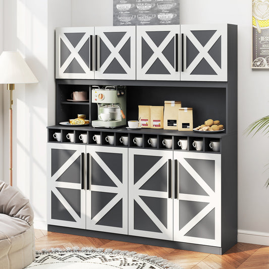 70 Inch Farmhouse Pantry Cabinet Kitchen Buffet Hutch with 4 Cabinets and 2 Open Shelves, Dark Gray Sideboards Cabinets & Buffets Dark Gray at Gallery Canada