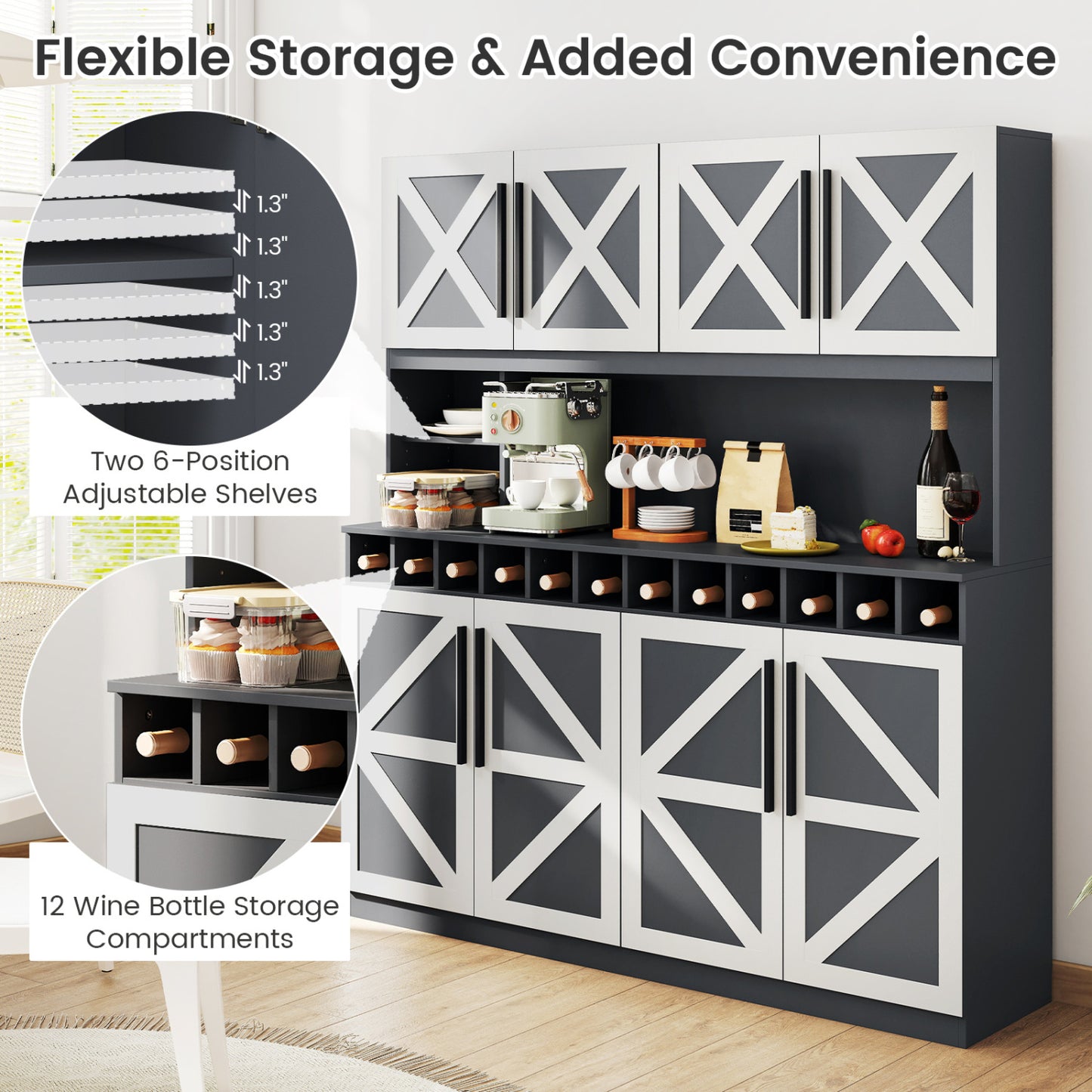 70 Inch Farmhouse Pantry Cabinet Kitchen Buffet Hutch with 4 Cabinets and 2 Open Shelves, Dark Gray Sideboards Cabinets & Buffets at Gallery Canada
