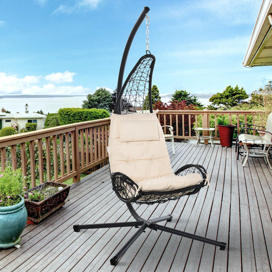 Wicker Hanging Egg Chair with Stand, Cushion, Pillow, Cup Holder, Beige Patio Swings with Stand Black Wicker, Beige Cushion at Gallery Canada