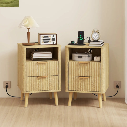 Modern Nightstands Set Of 2, Charging Station, 2 Drawers, Open Shelf, Oak