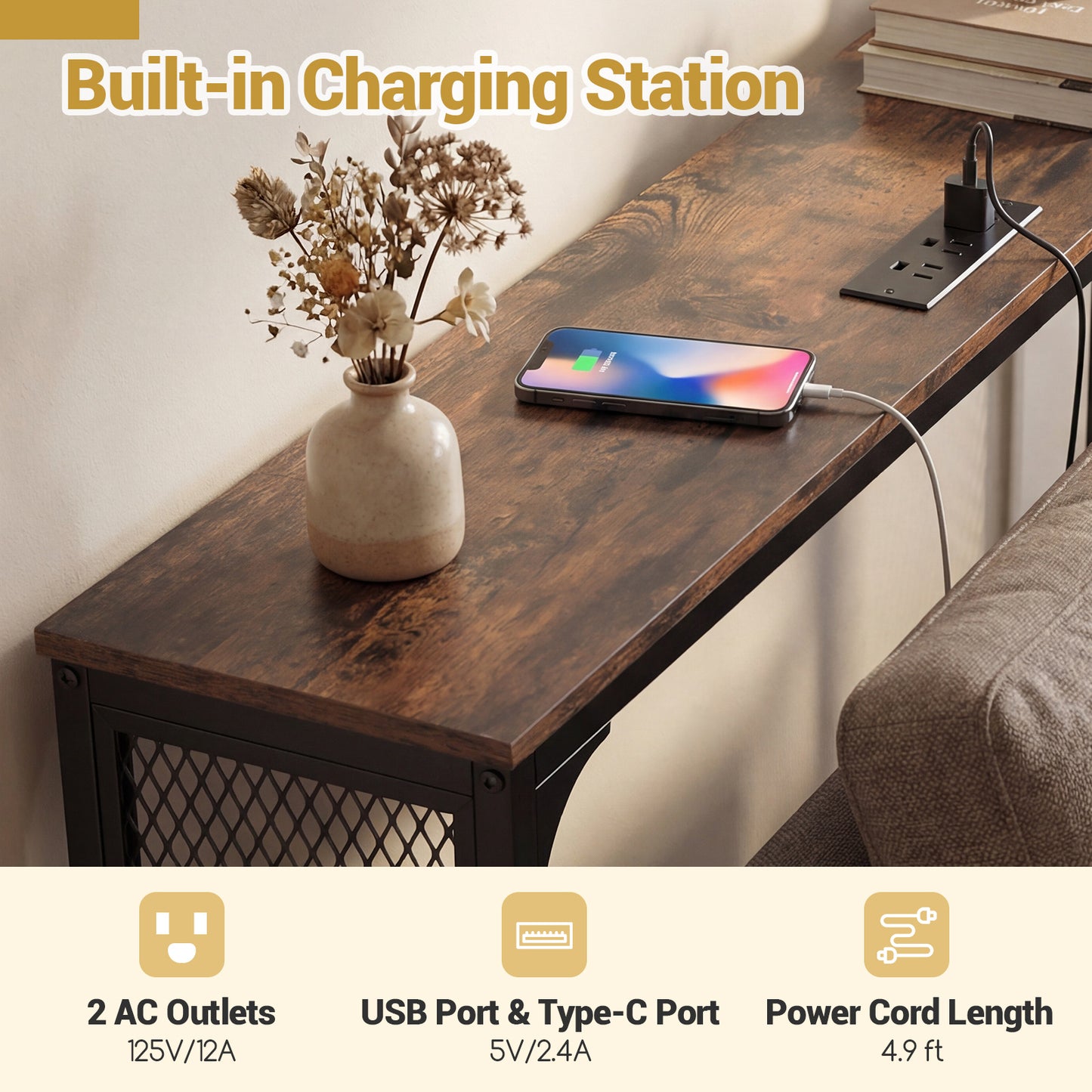 71 Inch Narrow Console Table with Power Outlet for Small Space, Rustic Brown Console Tables at Gallery Canada