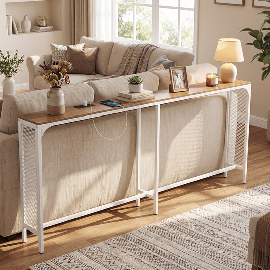 71 Inch Narrow Console Table with Power Outlet for Small Space, Natural Console Tables Natural at Gallery Canada