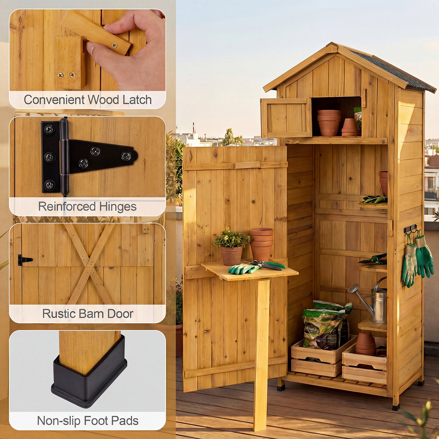 71 Inch Garden Tool Storage Cabinet, Lockable Doors, Foldable Table, Natural Sheds & Outdoor Storage at Gallery Canada