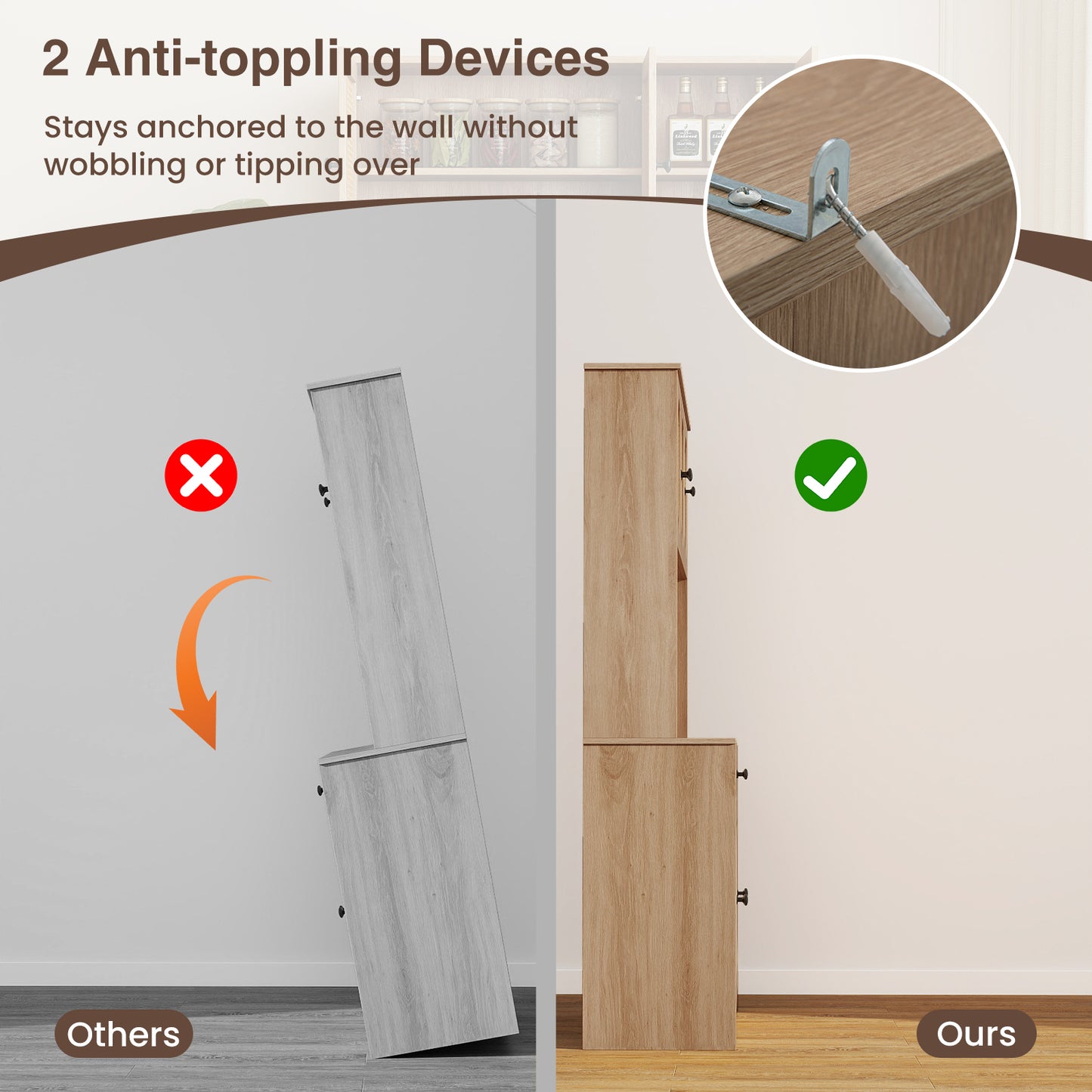 71 Inches Pantry Cabinet with Hutch and Charging Station, Natural Sideboards Cabinets & Buffets at Gallery Canada