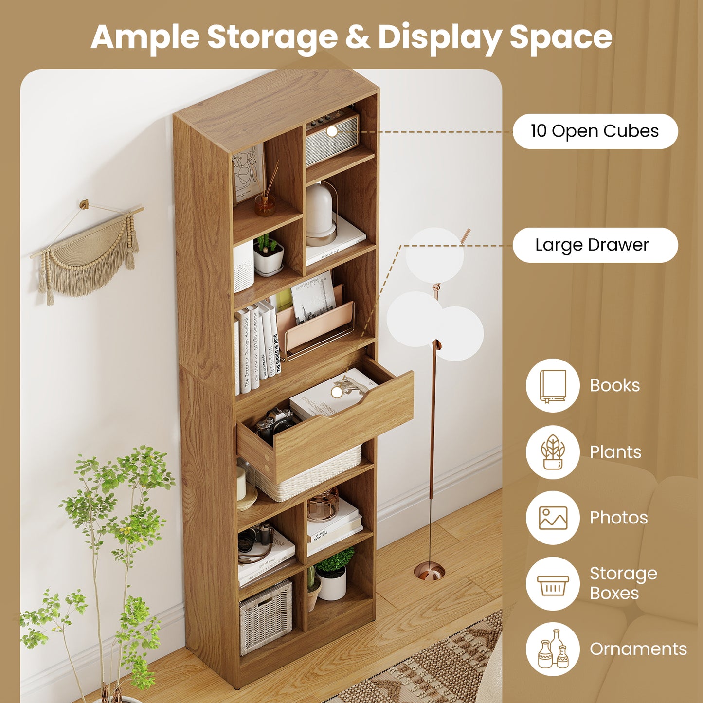 71inch Tall Freestanding Bookcase with Drawer 10-Cube Storage Organizer, Natural Bookcases at Gallery Canada