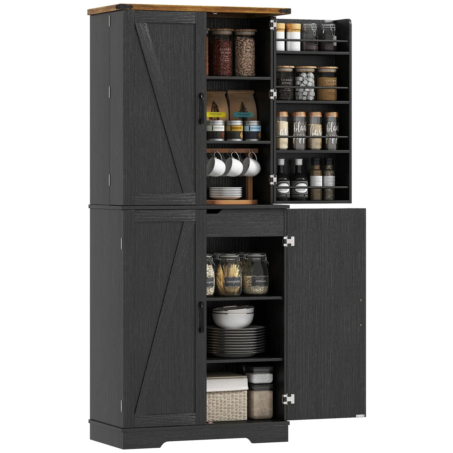 72 Inch Kitchen Pantry Cabinet, 4 Doors, Drawer, Shelves, Black Kitchen Pantry Cabinets at Gallery Canada