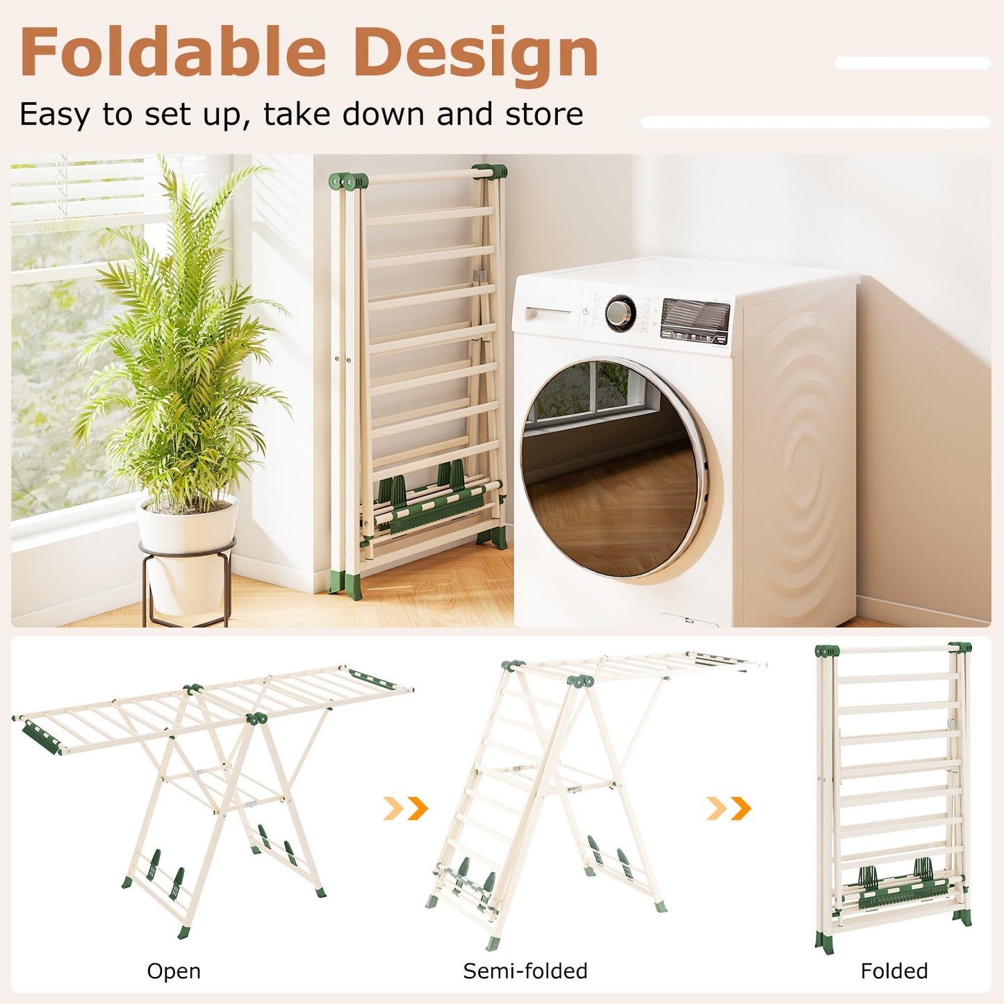 72.5 Inches Clothes Drying Rack with Height Adjustable Wings, Beige Drying Racks at Gallery Canada