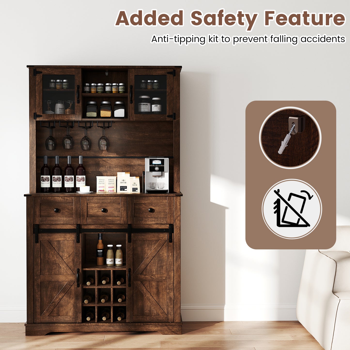 72 Inch Coffee Bar Cabinet, With Drawers And Sliding Barn Doors, Brown Sideboards Cabinets & Buffets at Gallery Canada