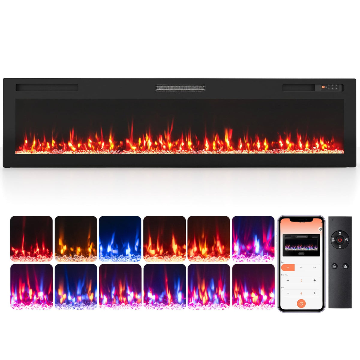 72 Inch Smart WiFi Electric Fireplace, Recessed, Wall Mounted