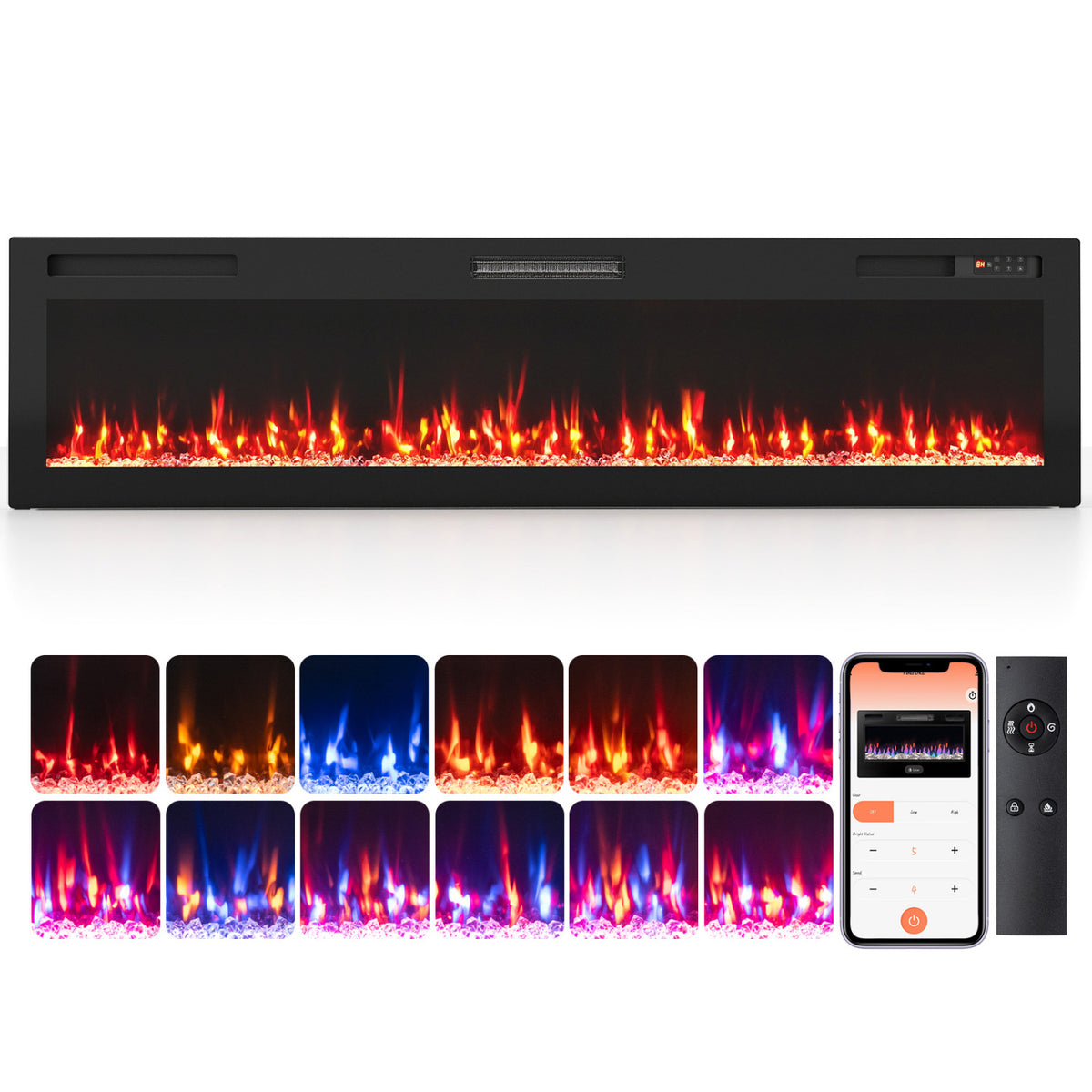 72 Inch Smart WiFi Electric Fireplace, Recessed Wall Mount