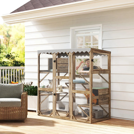 Wooden Catio Outdoor, Waterproof Cover, 5 Platforms, 59" x 28" x 59", Brown Outdoor Cat Enclosures Brown at Gallery Canada