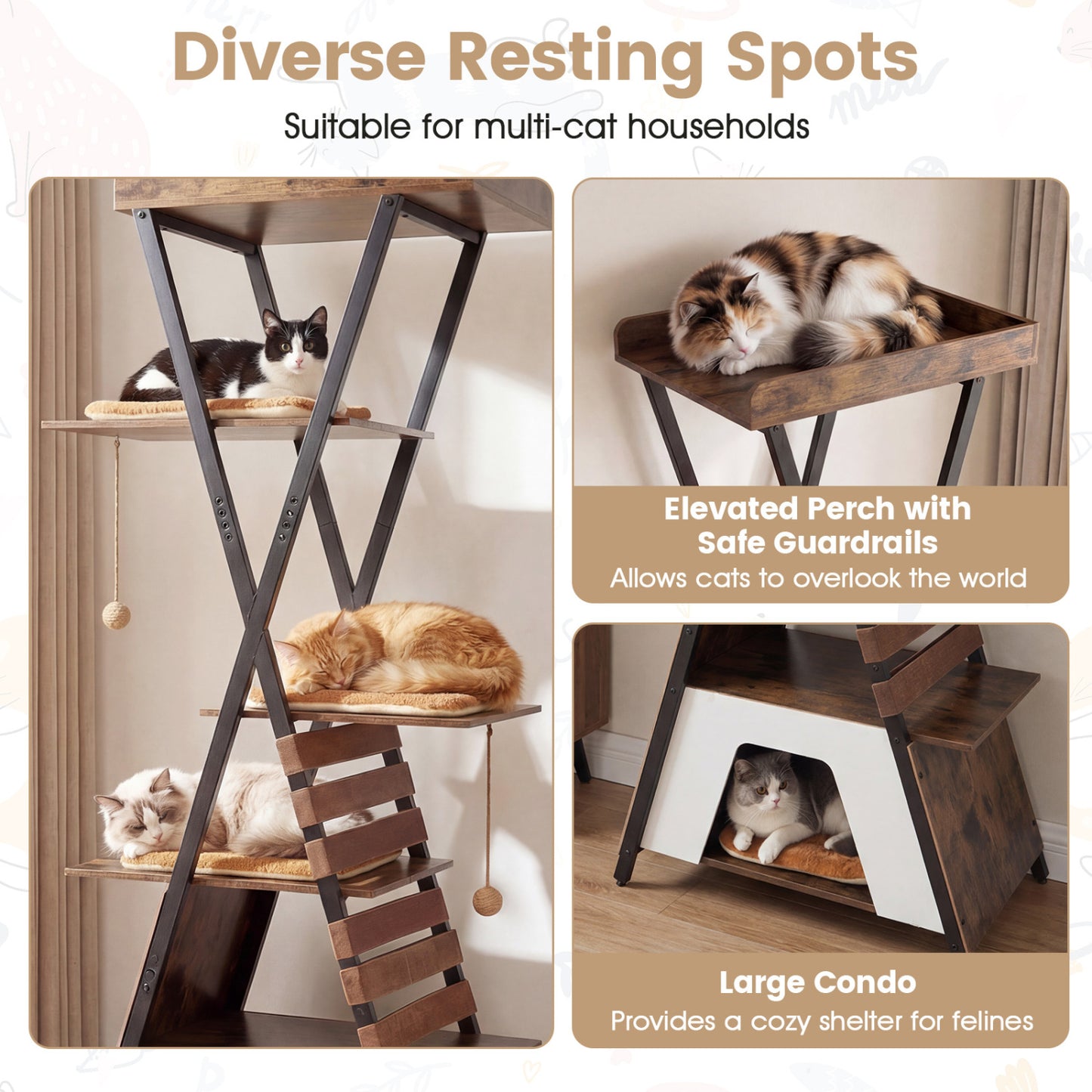 73 Inch Multi-Level Cat Tree, Elevated Perch, Large Condo, Brown Cat Trees Condos & Scratchers at Gallery Canada