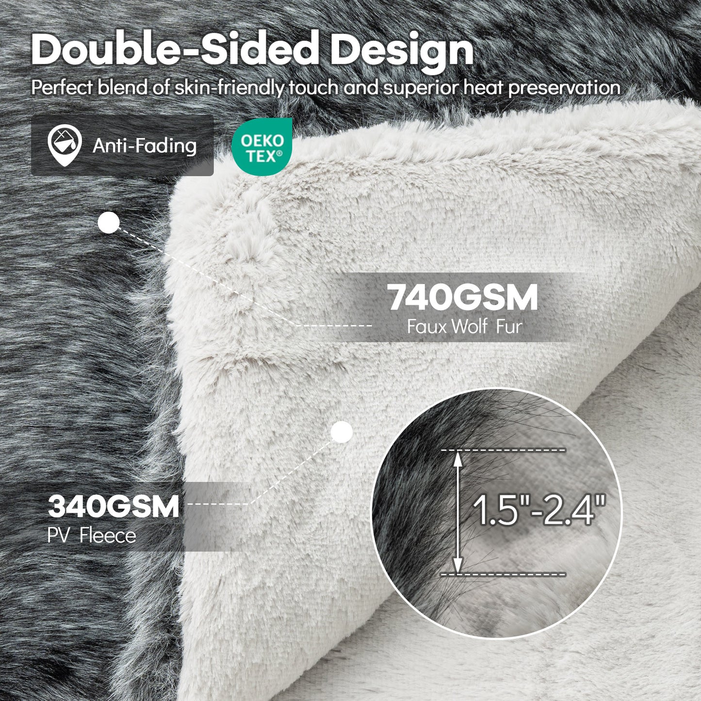 740GSM Soft Plush Fuzzy Luxury Faux Wolf Fur Blanket for Sofa-GR, Gray Bedding at Gallery Canada