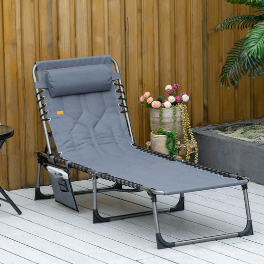 Outdoor Lounge Chair, Folding Chaise, Adjustable Backrest, Pillow, Pocket, Grey Lounger Chairs Grey at Gallery Canada
