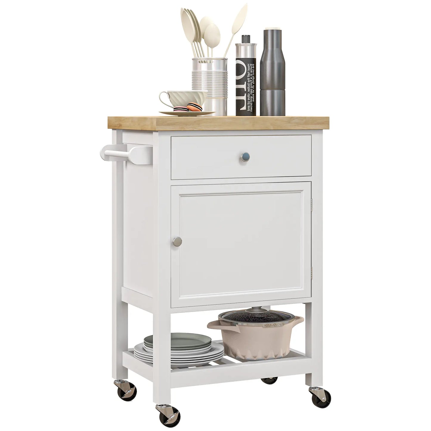 Kitchen Cart on Wheels, Wood Top, Towel Rack, Drawer, Shelf, White Kitchen Islands & Kitchen Carts at Gallery Canada