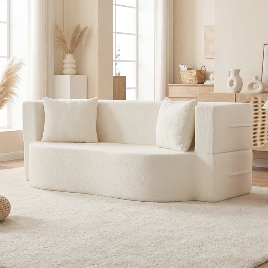 75.5 Inch Folding Sofa Bed, 2-in-1 Convertible Teddy Fleece Loveseat, Beige Sofas & Loveseats Beige at Gallery Canada