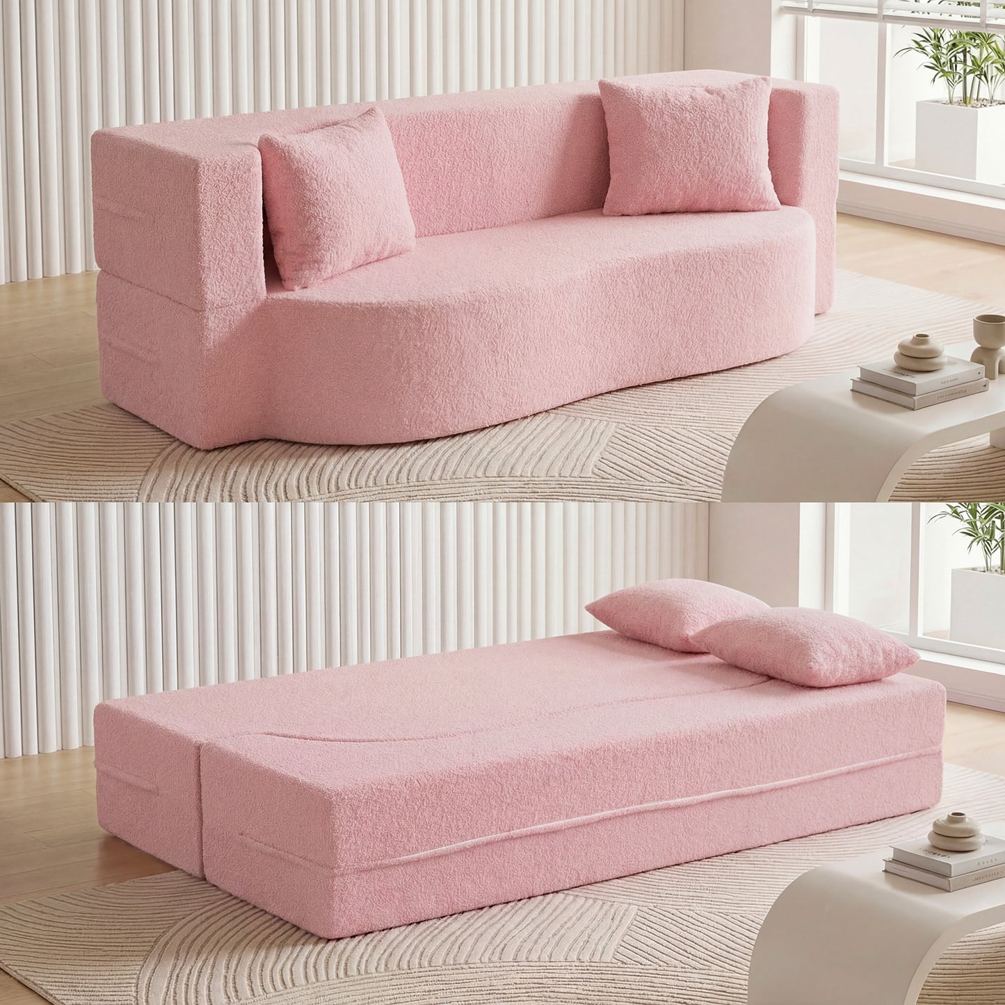 75.5 Inch Folding Sofa Bed, Teddy Fleece Loveseat, Pink Sofas & Loveseats at Gallery Canada
