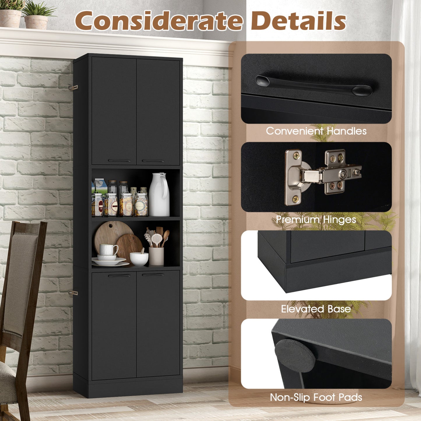 75 Inch Kitchen Pantry Cabinet, Tall Cupboard With Doors And Shelves, Black Sideboards Cabinets & Buffets at Gallery Canada