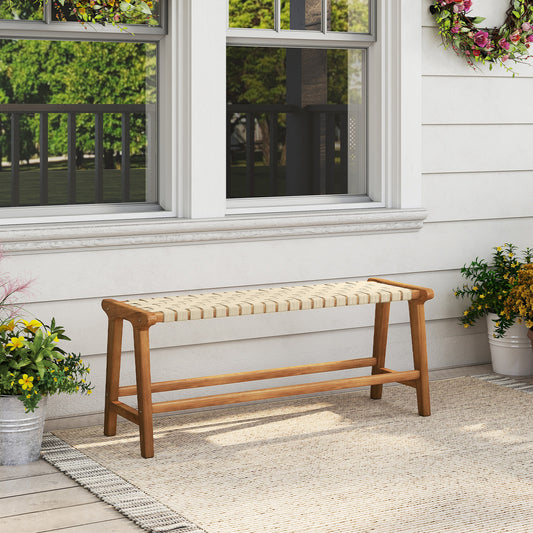 47 Inches Long Teak Wood Patio Bench with Weave Seat and Solid Wood Legs, Natural Dining Chairs Natural at Gallery Canada