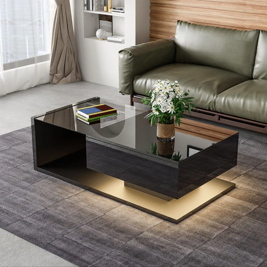 Coffee Table, Glass Top with LED, 41.5" L x 21.5" W x 12.5" H, Black Coffee Tables Black at Gallery Canada