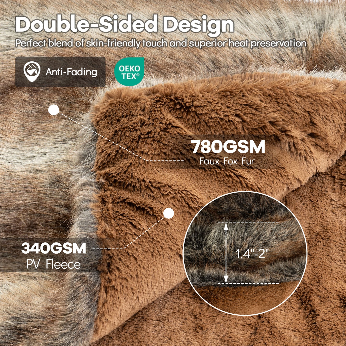 780GSM Soft Plush Faux Fox Fur Blanket, Brown Bedding at Gallery Canada