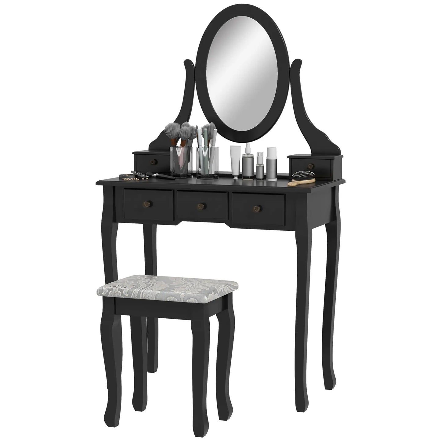 Wooden Vanity Table, 360° Rotating Oval Mirror, 5 Drawers, Padded Stool, Black Dressing & Vanity Tables at Gallery Canada