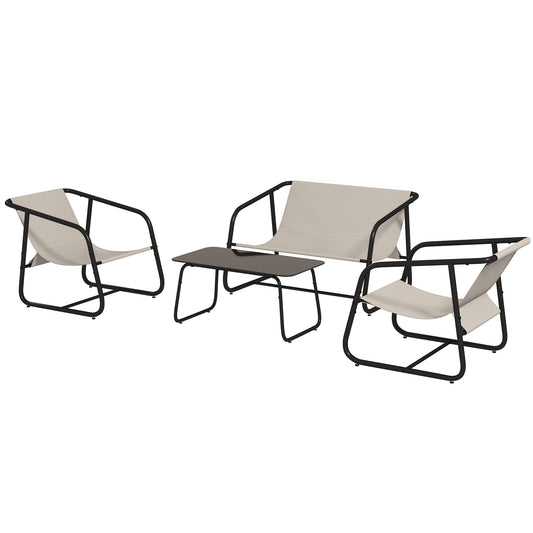 Garden Sofa Set, 4 Piece Patio Conversation Furniture Set with Glass Table, Breathable Mesh, Cream White