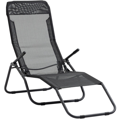 Foldable Patio Lounge Chair, Outdoor Beach Lounger with Breathable Mesh Fabric, Zero Gravity Chair with Reclining, Footrests, and Armrests, for Garden, Pool, Black