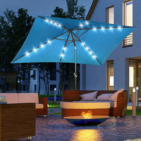 6.5x10ft Rectangle Solar Tilt Umbrella, Aluminum, LEDs, Turquoise Sun Umbrellas Turquoise (polyester fabric), Dark Brown (umbrella pole) at Gallery Canada