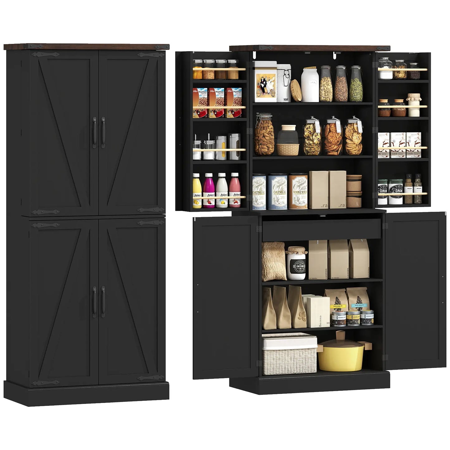 72" Tall Kitchen Pantry Cabinet, Farmhouse Storage Cabinet with 8 Door Racks and Adjustable Shelves, Black Kitchen Pantry Cabinets at Gallery Canada
