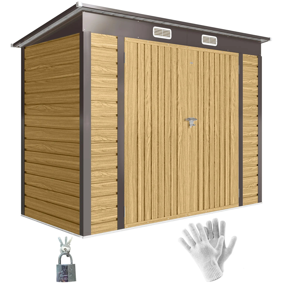 8x4FT Galvanized Metal Garden Storage Shed, Double Doors, 2 Vents, Oak Sheds at Gallery Canada