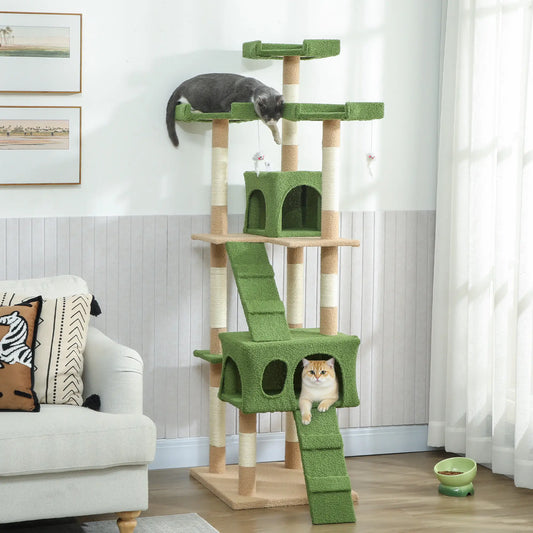 68-Inch Cat Scratching Tree, Multi-Level Activity Center, Green
