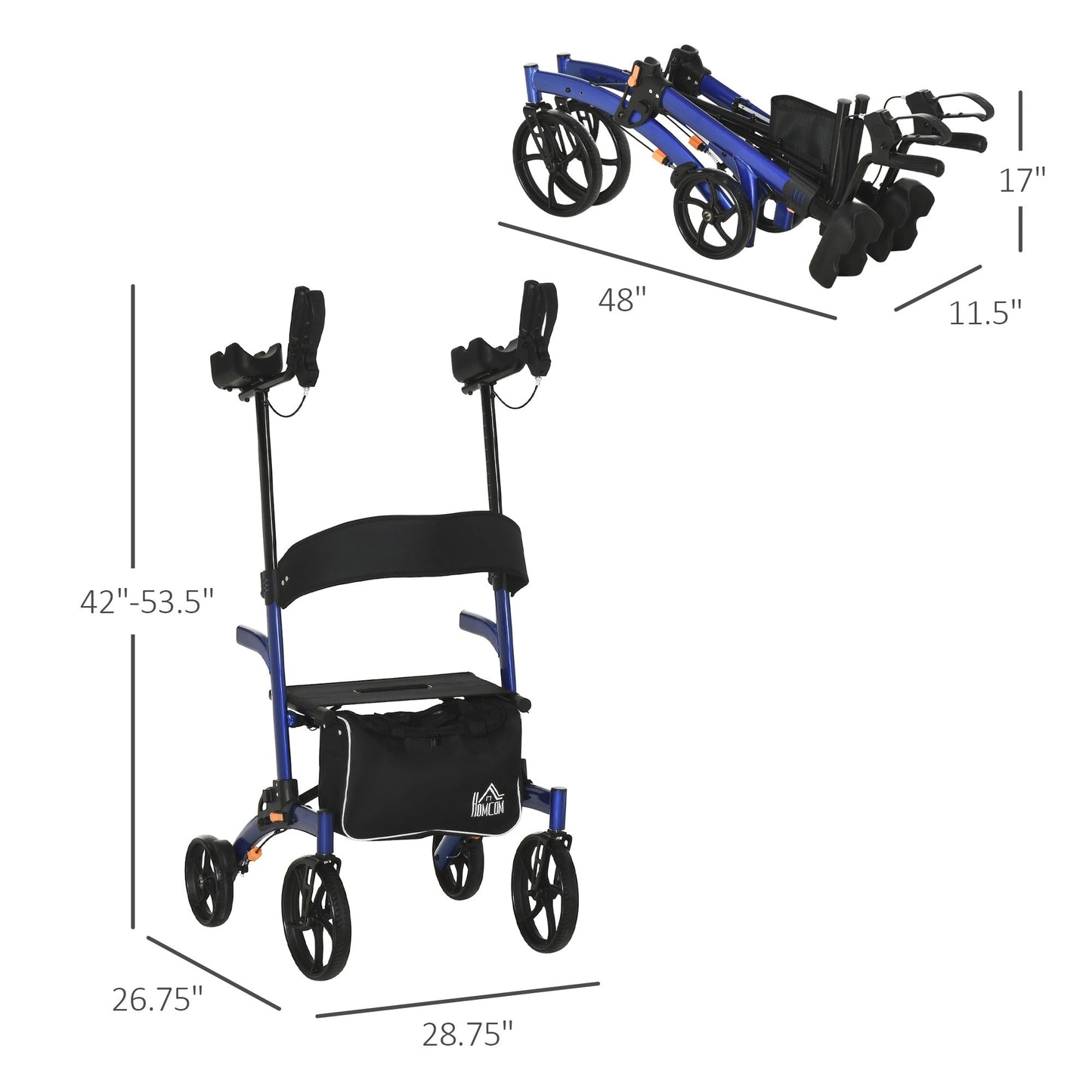 Aluminum Forearm Rollator Walker for Seniors and Adults with 10'' Wheels, Seat and Backrest, Folding Upright Walker with Adjustable Handle Height and Removable Storage Bag, Blue at Gallery Canada