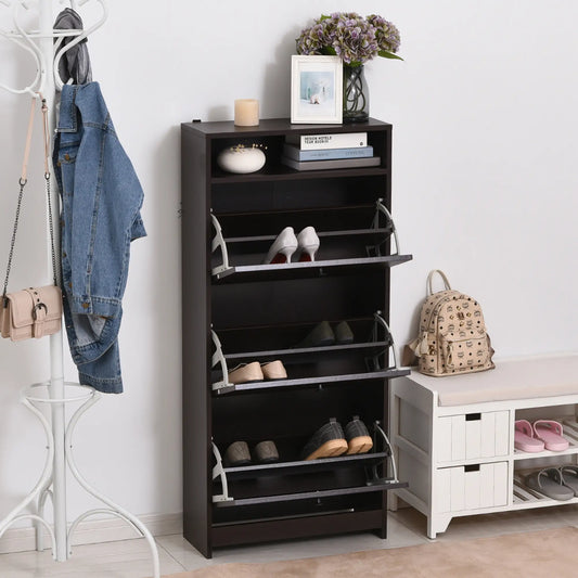 Slim Shoe Storage, 3 Flip Drawers, Adjustable Shelves, 9 Pair, Coffee