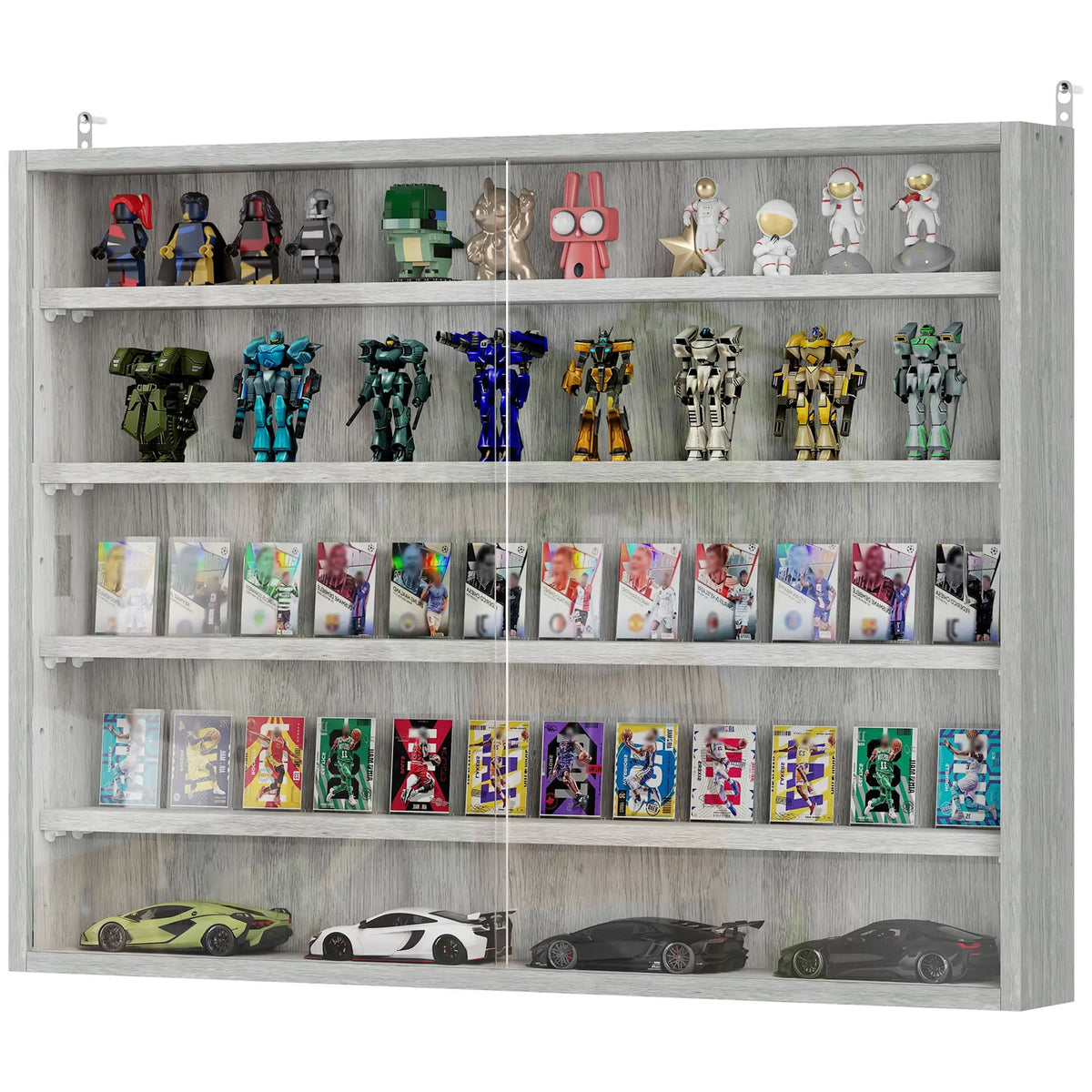 5-Tier Glass Display Cabinet, 2 Doors, 4 Adjustable Shelves, Grey Display Bookshelves at Gallery Canada
