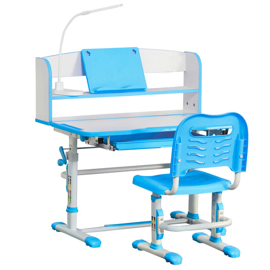 Kids Desk and Chair Set Height Adjustable Student Writing Desk Children School Study Table with LED Lamp, Bookshelf, Drawer, Reading Board, Pen Slot, Hook, Blue - Gallery Canada