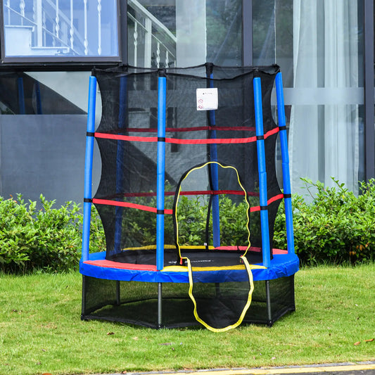 55" Kids Trampoline with Enclosure Net, Indoor/Outdoor, Multi-Coloured Trampolines Blue, Black, Yellow, Red at Gallery Canada