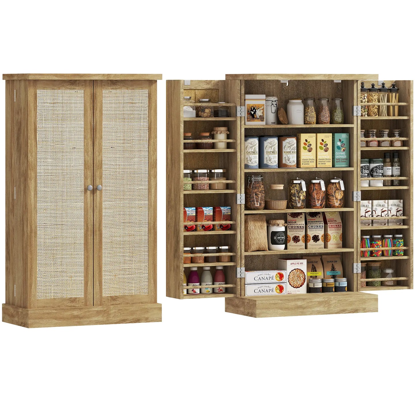 41" Rattan Kitchen Storage Cabinet, 5-Tier Shelf, 12 Spice Racks, Adjustable Shelves, Natural Kitchen Pantry Cabinets at Gallery Canada