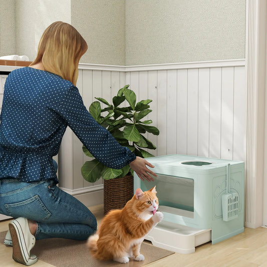 Cat Litter Box, Front Enter Top Exit, Pull Out Tray, Scoop, Green Cat Litter Box Enclosures Green, White at Gallery Canada
