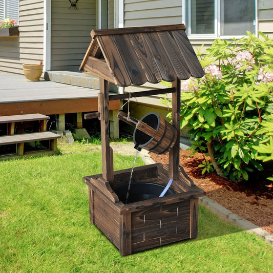 Wooden Well Wishing Fountain, Outdoor Electric Pump Water Bucket, Patio Garden, Carbonized Water Fountains Carbonized at Gallery Canada