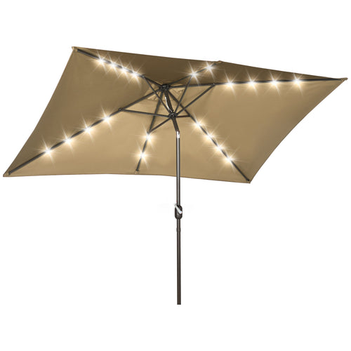 6.5x10ft Patio Umbrella Rectangle Solar Powered Tilt Aluminum Outdoor Market Parasol with LEDs Crank (Light Coffee)