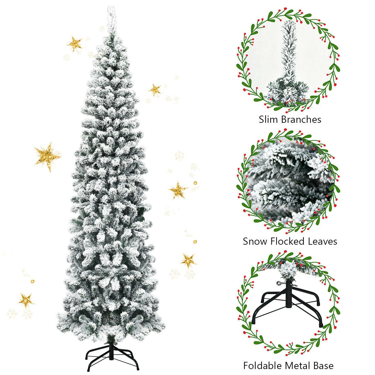 7.5 Feet Unlit Snow Flocked Artificial Pencil Christmas Tree, White