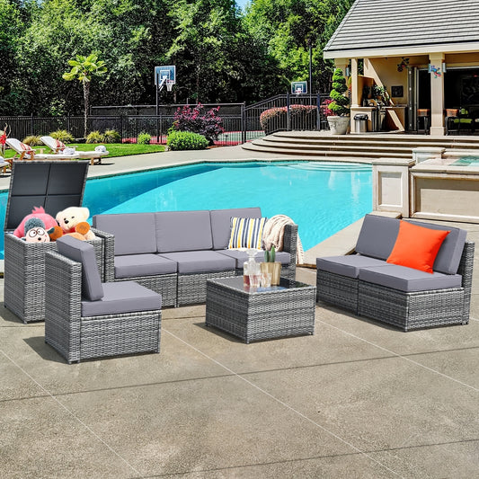 8 Pieces Wicker Rattan Dining Set, With Storage Table, Gray Outdoor Sectionals Gray at Gallery Canada