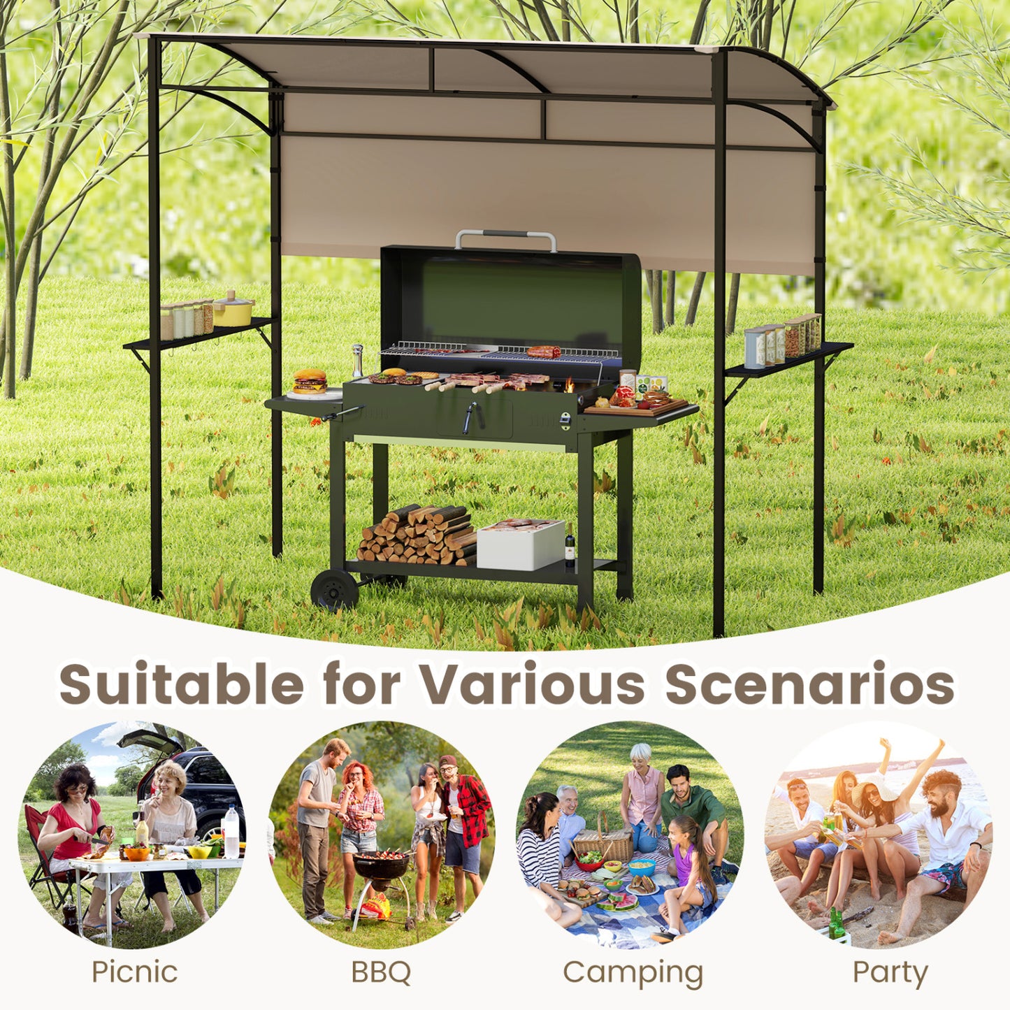 7.8 x 4.4 FT Outdoor BBQ Canopy With Shelves & Bottle Openers, Brown Canopies at Gallery Canada